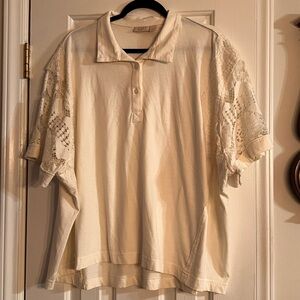 LOGO Lavish by Lori Goldstein Cream Polo Shirt with Lace Sleeves, Large